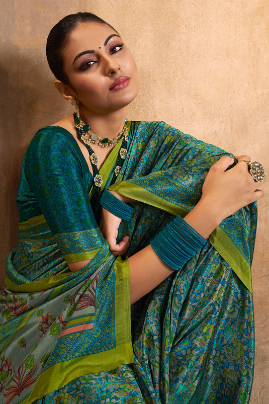 Printed Teal Color Crepe Silk Fabric Daily Wear Saree