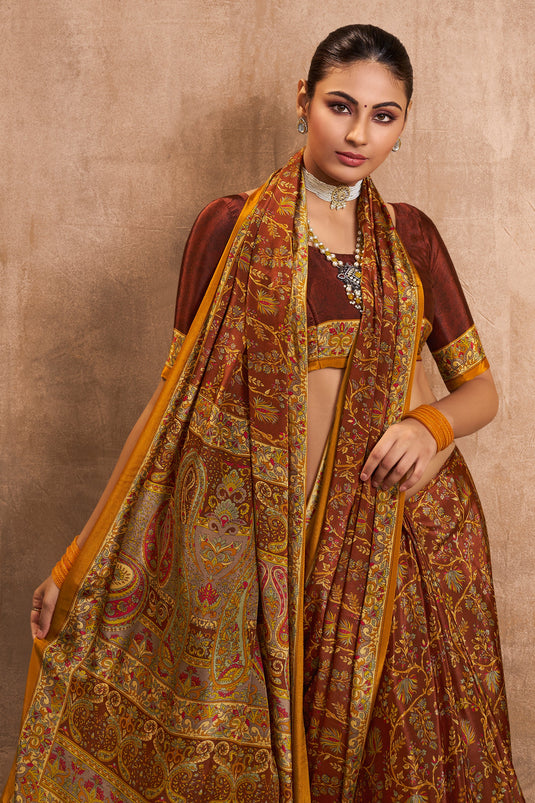 Casual Wear Brown Color Classic Crepe Silk Fabric Printed Saree