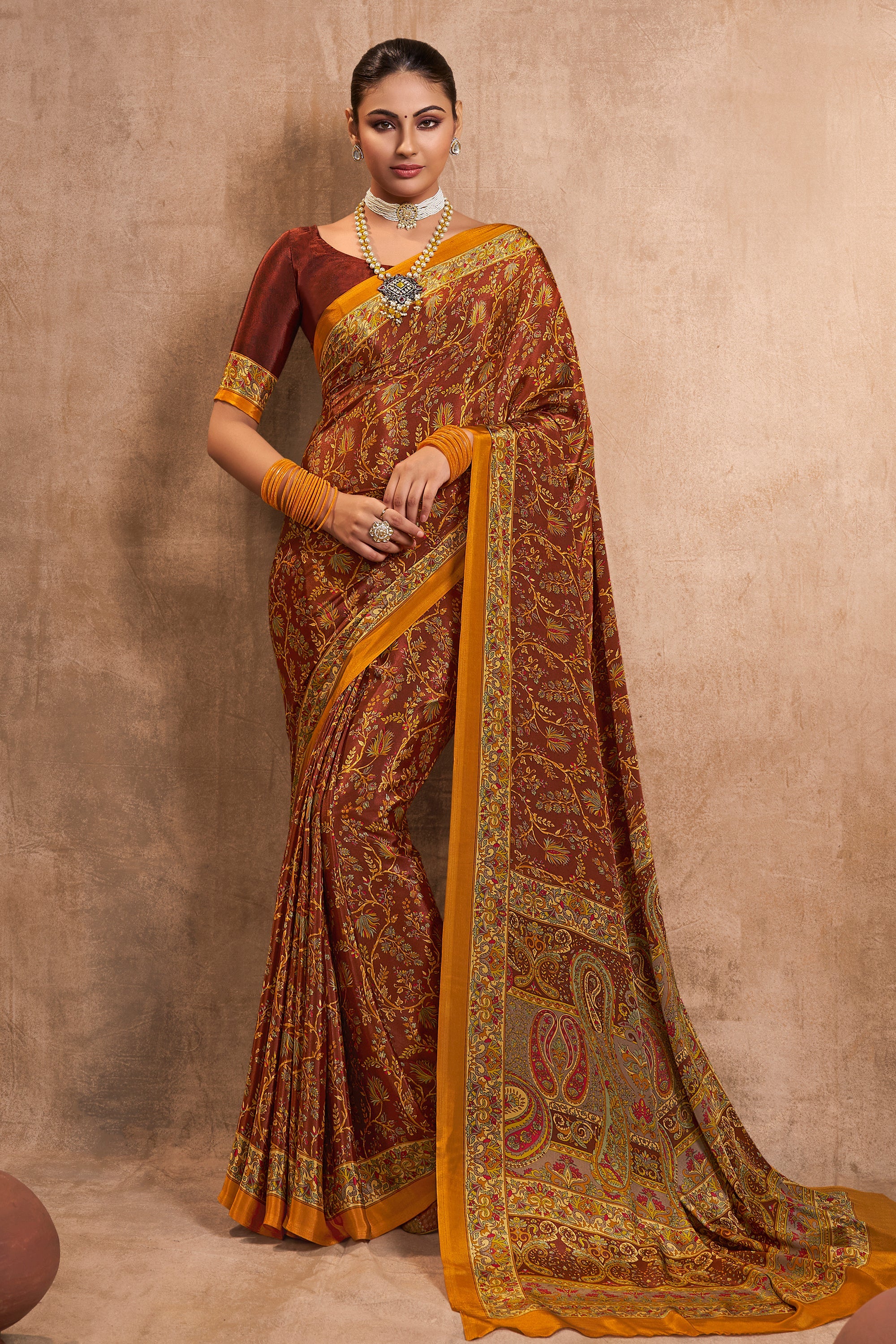 Stunning Brown Leheriya Print Tussar Silk Saree – Luxurion World