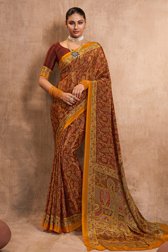 Casual Wear Brown Color Classic Crepe Silk Fabric Printed Saree