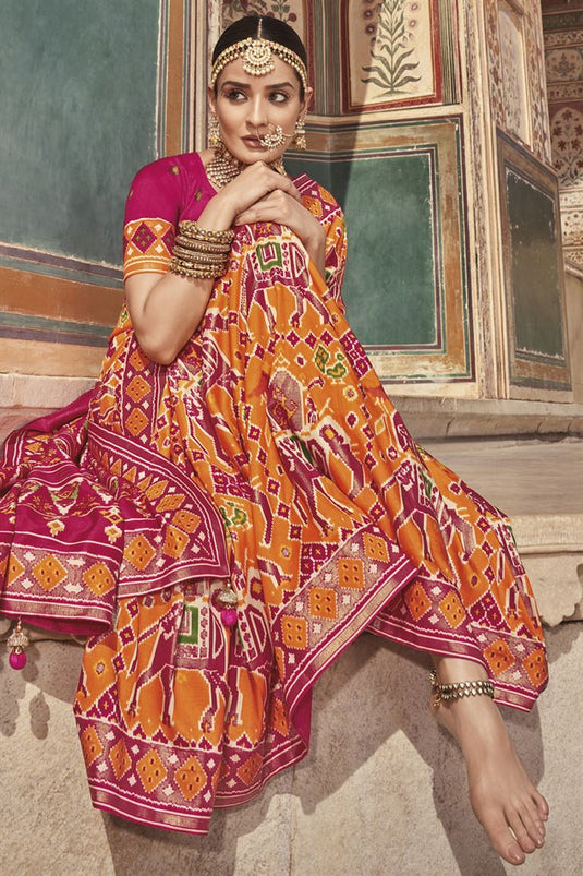 Orange Color Patola Silk Fabric Amazing Printed Saree