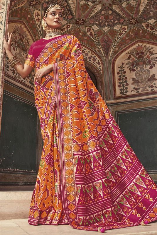 Orange Color Patola Silk Fabric Amazing Printed Saree