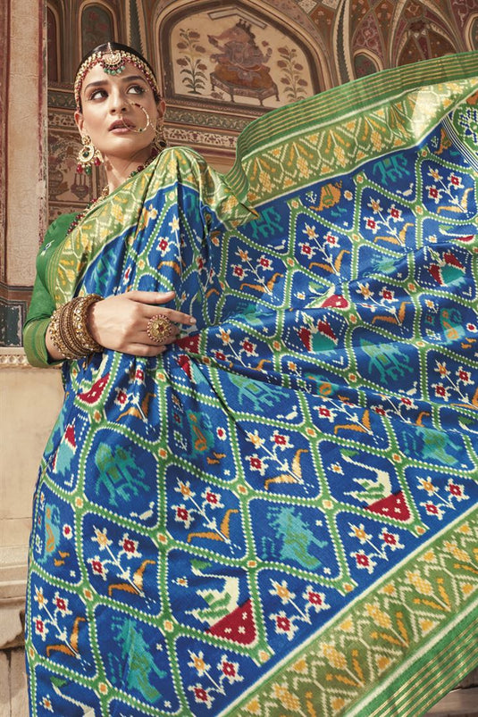 Patola Silk Cyan Color Vintage Printed Saree