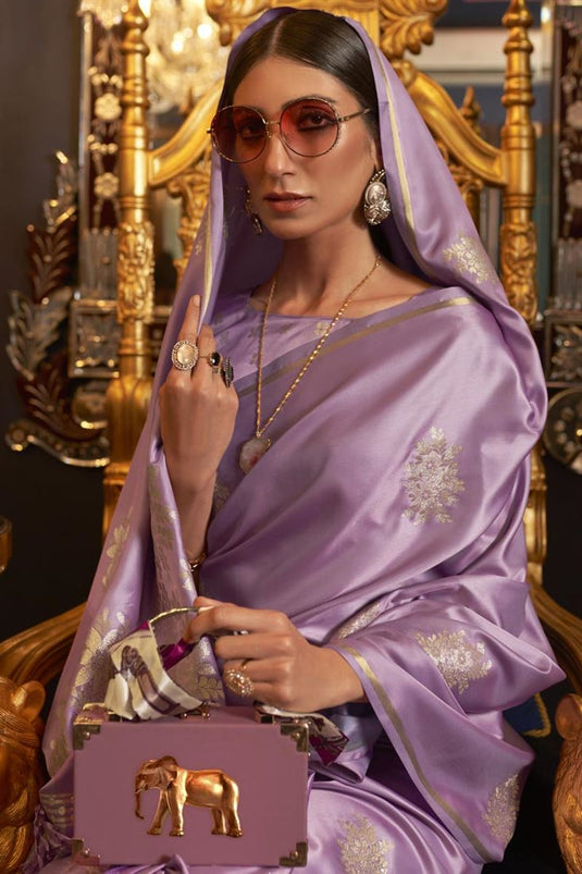 Lavender Color Satin Silk Fabric Weaving Work Sangeet Wear Classic Saree
