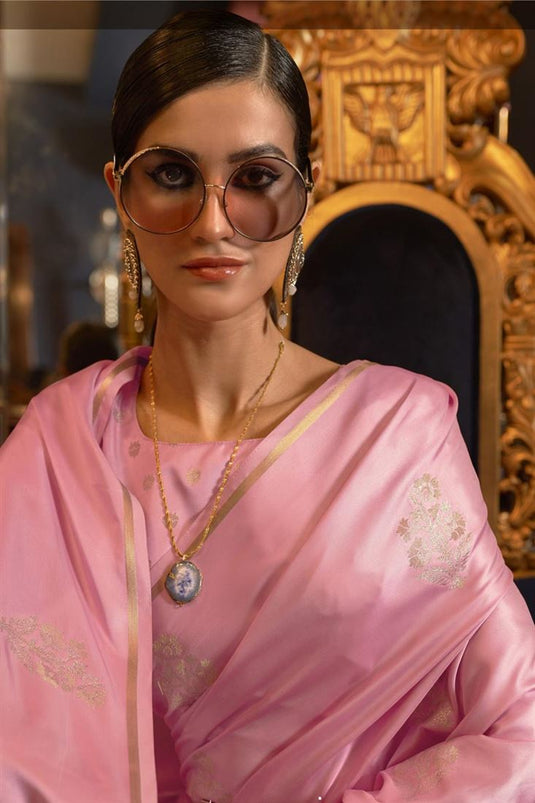 Dazzling Satin Silk Fabric Weaving Work Pink Wedding Wear Saree