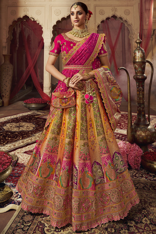 Silk Bridal Lehenga With Heavy Embroidery Work In Multi Color