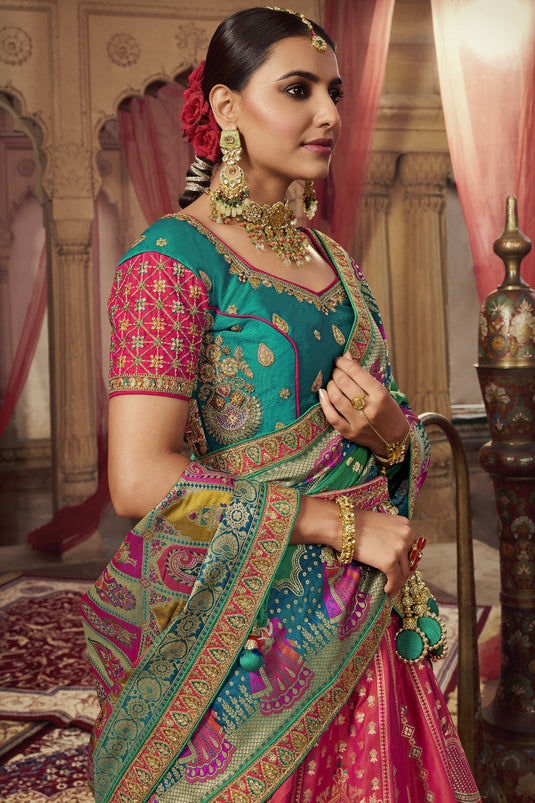 Heavy Embroidery Work On Bridal Lehenga In Pink Silk With Blouse