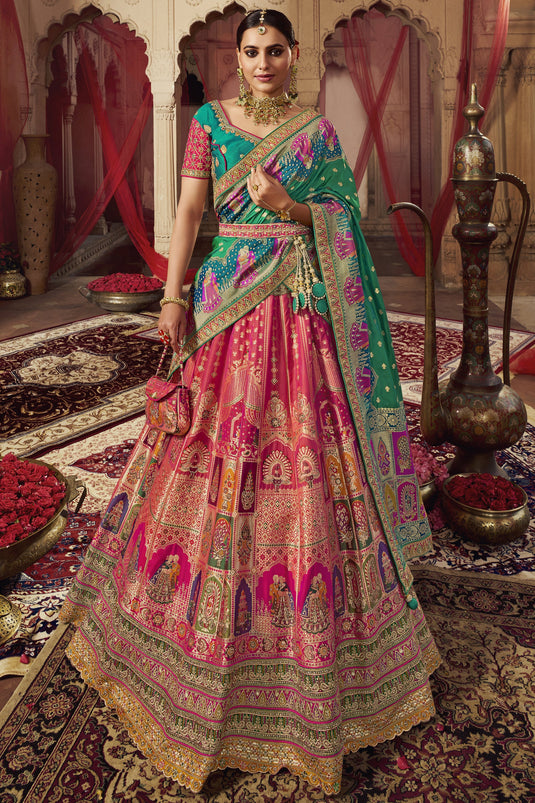 Heavy Embroidery Work On Bridal Lehenga In Pink Silk With Blouse
