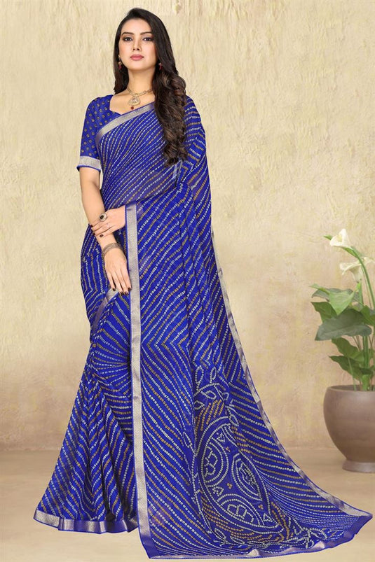 Blue Color Printed Designs On Casual Wear Intriguing Chiffon Saree