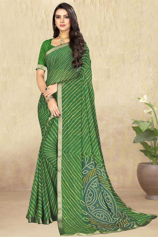 Printed Designs On Green Color Chiffon Fabric Casual Wear Remarkable Saree