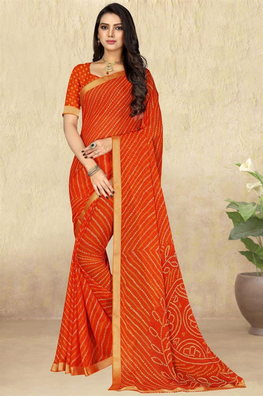 Beauteous Casual Wear Orange Color Printed Saree In Chiffon Fabric