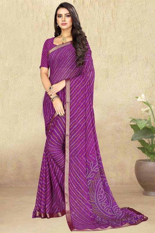 Printed Work Purple Color Chiffon Fabric Adorming Casual Wear Saree
