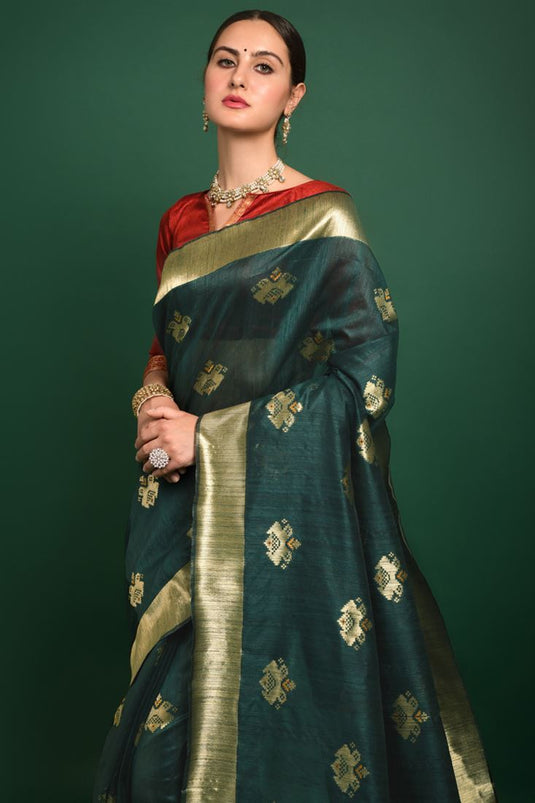 Festival Wear Dark Green Color Embellished Art Silk Fabric Saree With Weaving Work