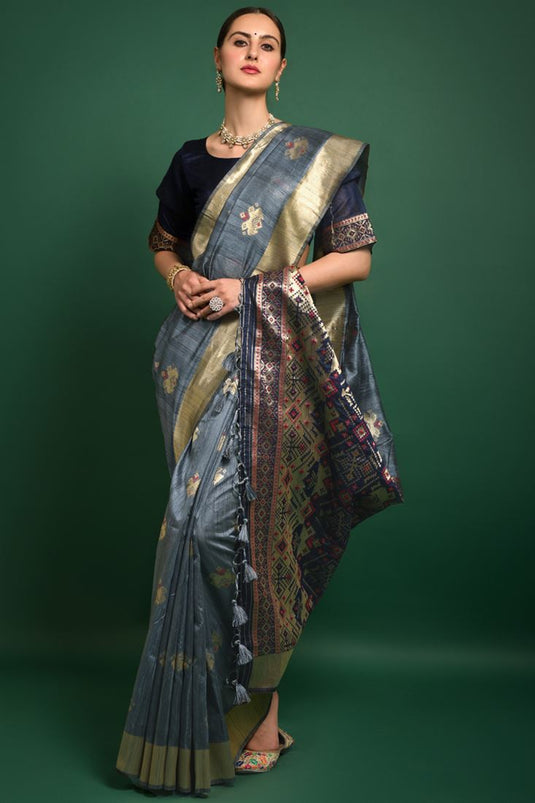 Grey Color Festival Wear Tempting Art Silk Fabric Saree With Weaving Work