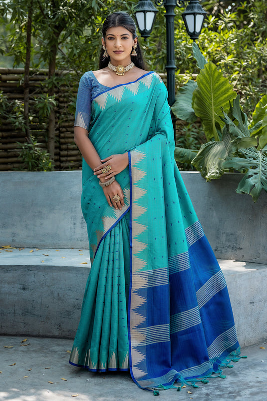 Cyan Color Zari Weaving Daily Wear Art Silk Fabric Saree