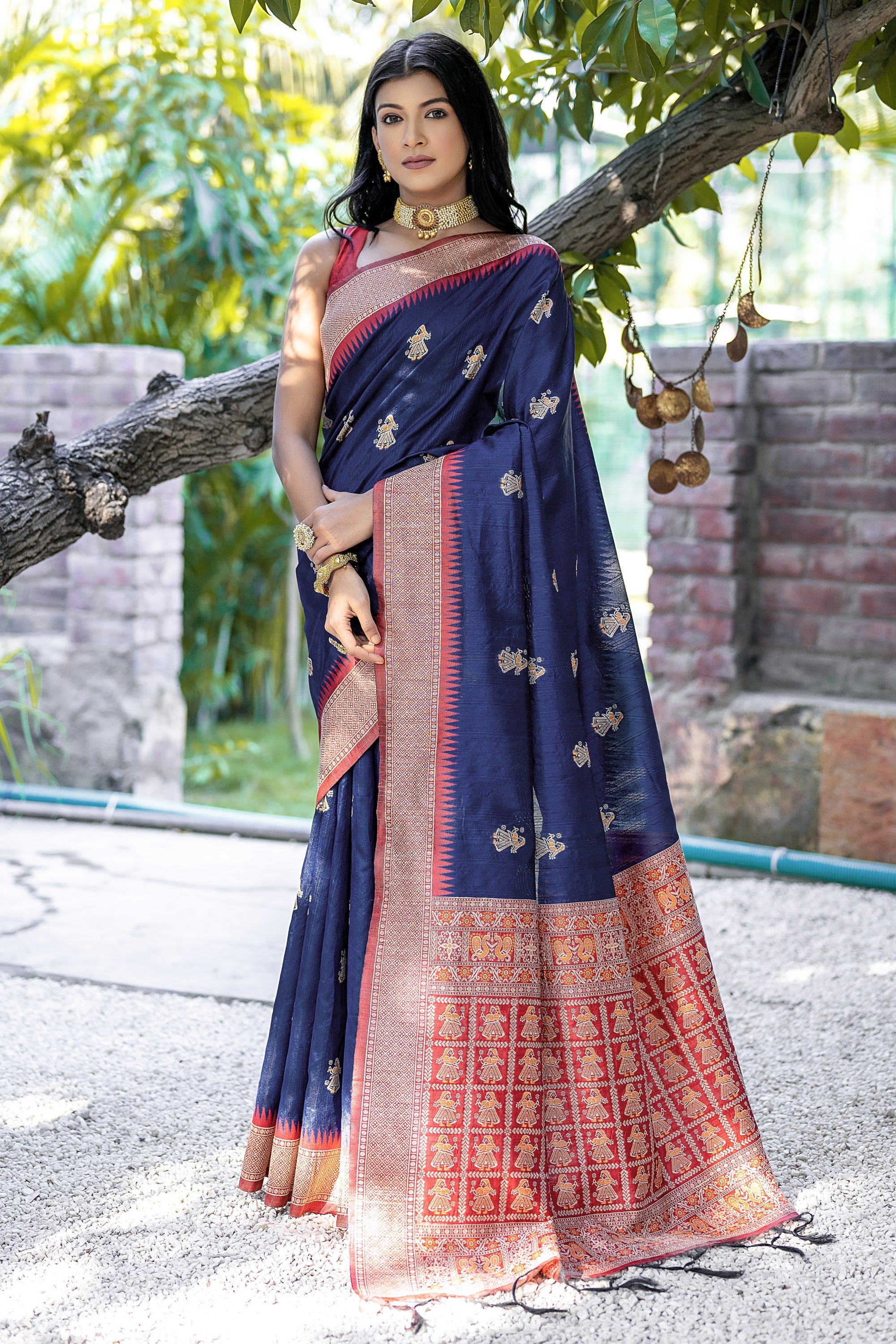 Navy Blue Silk Saree with Red Border | royal look evergreen saree