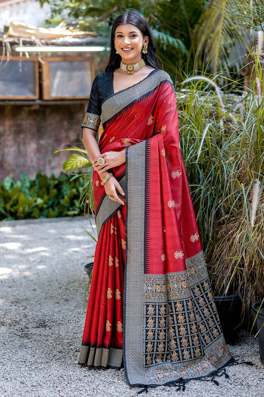 Red Color Art Silk Fabric Zari Weaving Border Work Function Wear Fancy Saree