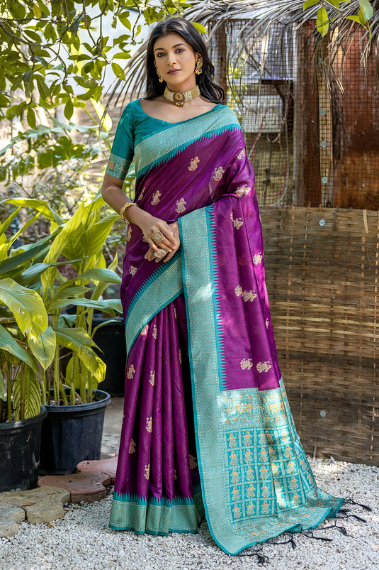 Saarang - Glorious colour combinations! Purple saree with contrast red  border and Anchal in supple tussar weaving! | Facebook