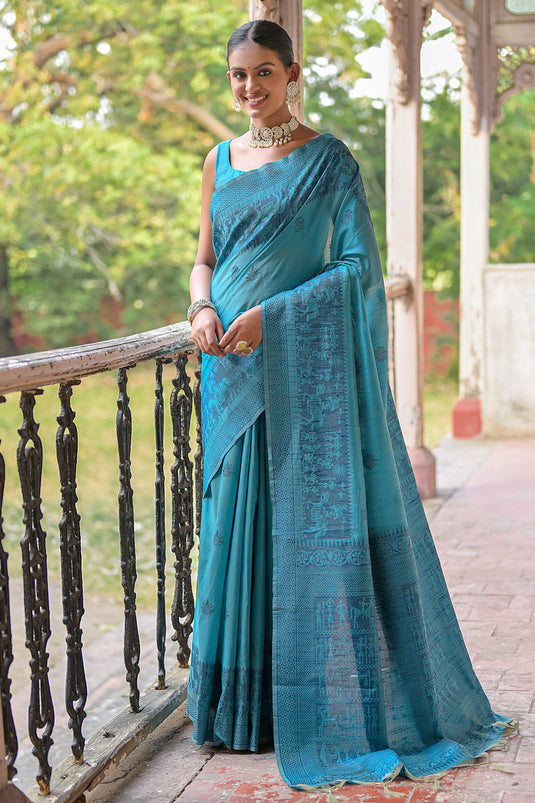 Daily Wear Handloom Art Silk Fabric Woven Border Teal Saree