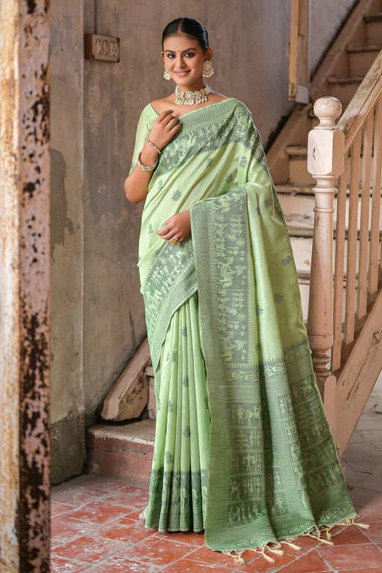 Adorable Sea Green Color Casual Handloom Art Silk Fabric Woven Border Design Saree