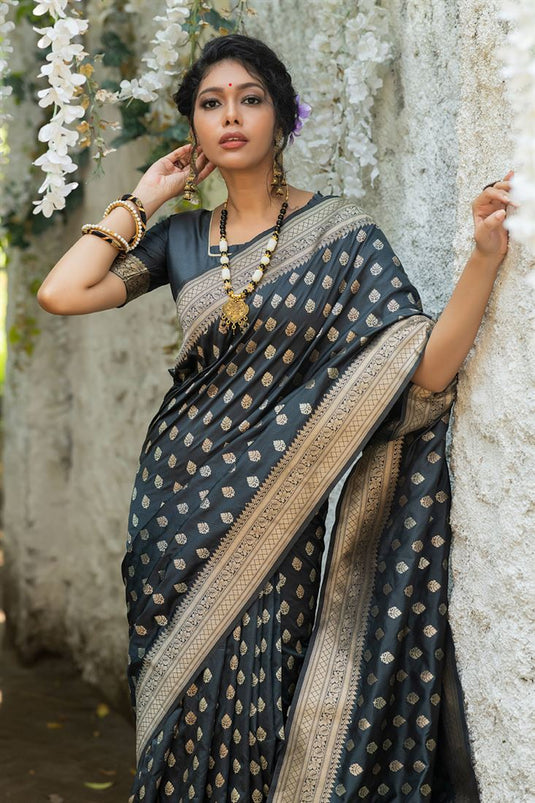 Grey Color Weaving Work Trendy Banarasi Silk Saree