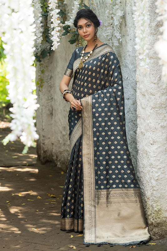 Grey Color Weaving Work Trendy Banarasi Silk Saree