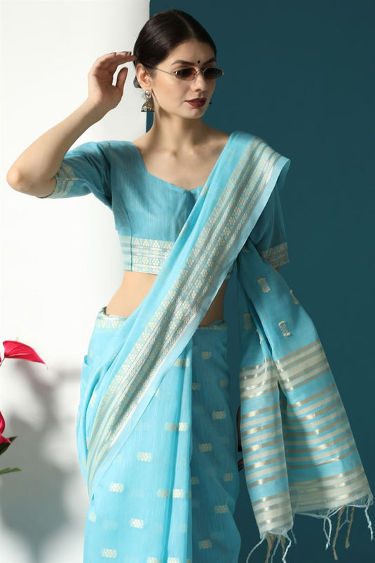 Creative Casual Look Saree In Sky Blue Color Cotton Fabric