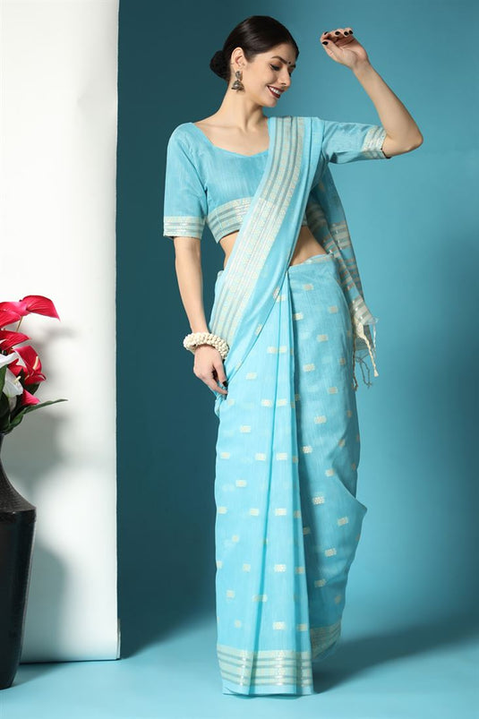 Creative Casual Look Saree In Sky Blue Color Cotton Fabric