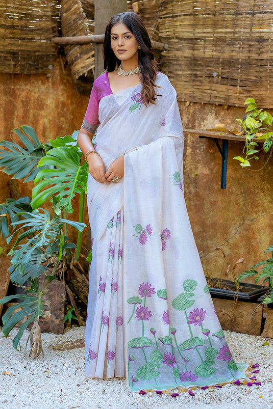 Daily Wear Muga Cotton Fabric Off White Weaving Work Saree