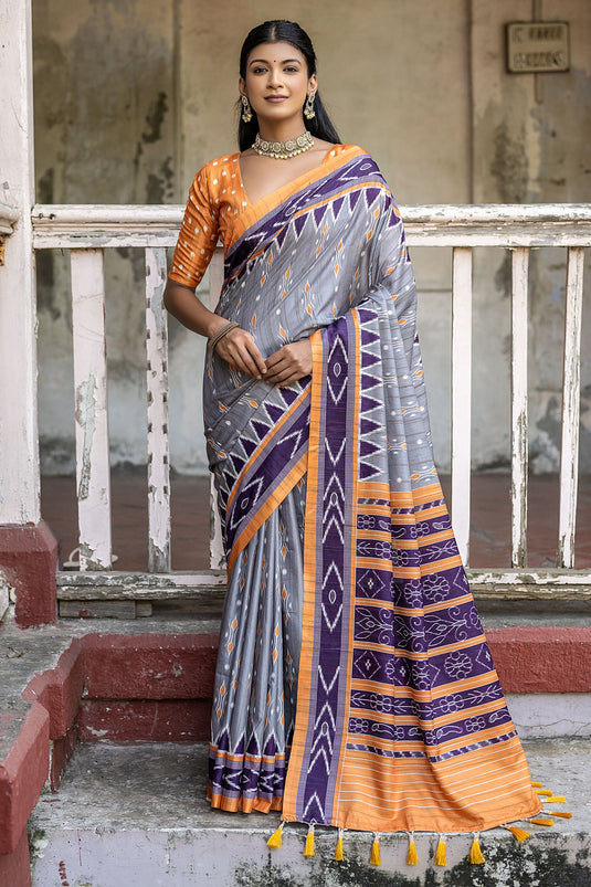 Grey Color Printed Casual Cotton Silk Fabric Saree