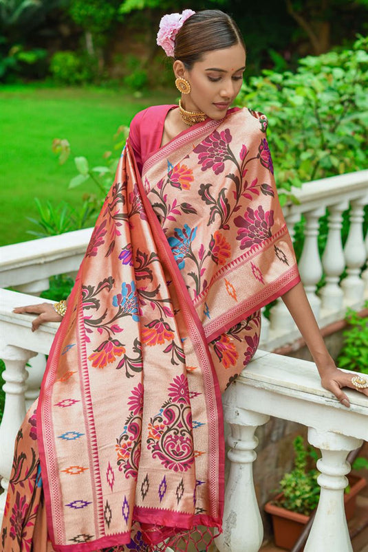 Peach Color Creative Paithani Silk Weaving Designs Saree