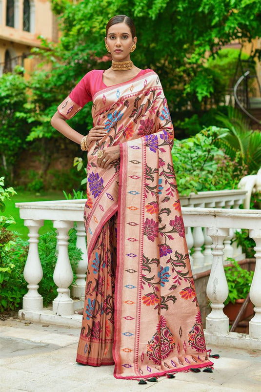 Peach Color Creative Paithani Silk Weaving Designs Saree
