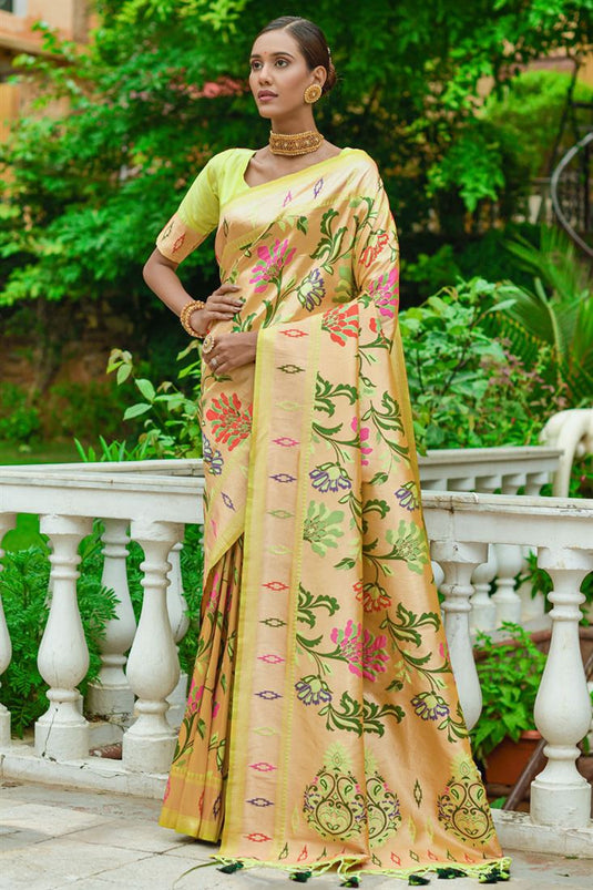 Dazzling Yellow Color Paithani Silk Weaving Work Saree For Function