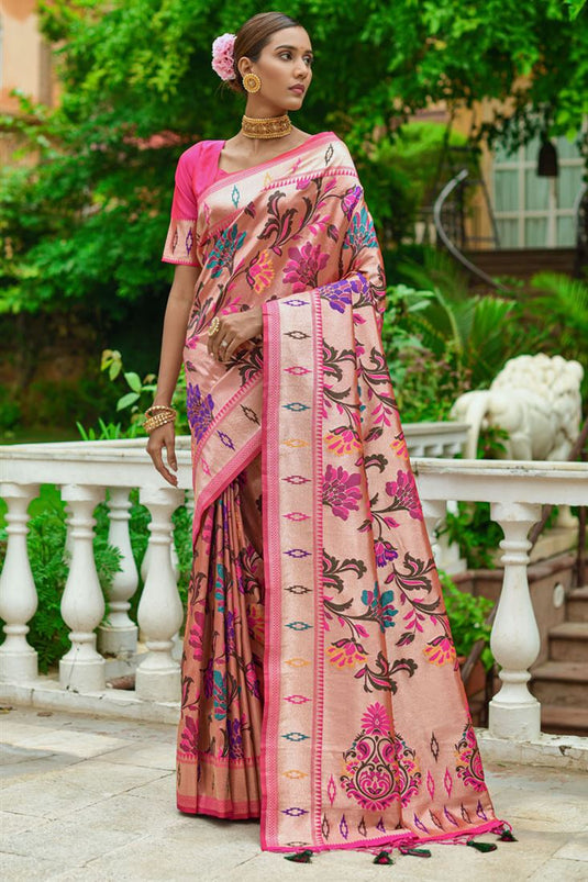 Paithani Silk Weaving Designs Elegant Saree in Pink Color