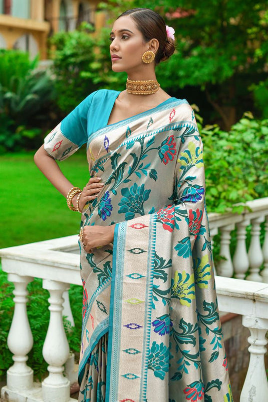 Cyan Color Parity Paithani Silk Weaving Designs Saree