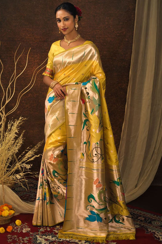 Buy Mustard Yellow Banarasi Uppada Silk Saree with Unstitched Blouse online