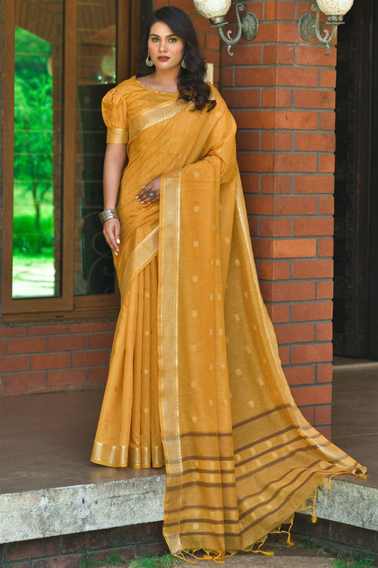 Weaving Work Casual Wear Amazing Cotton Saree In Mustard Color