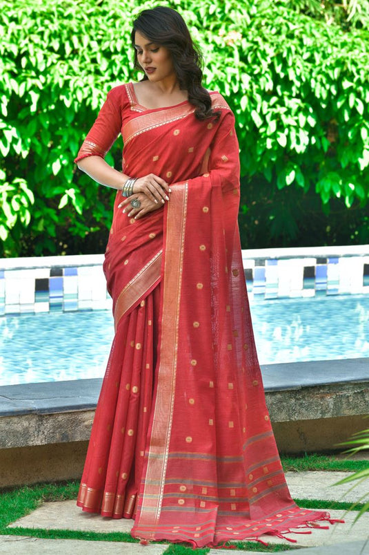 Red Color Luminous Casual Wear Weaving Work Cotton Saree