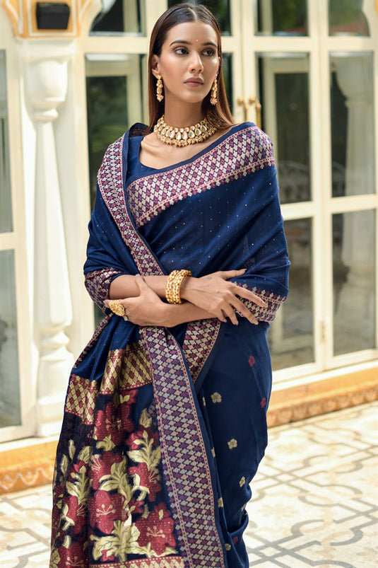 Navy blue woven katan silk saree with blouse - BAJAJ FASHION HUB - 4066683