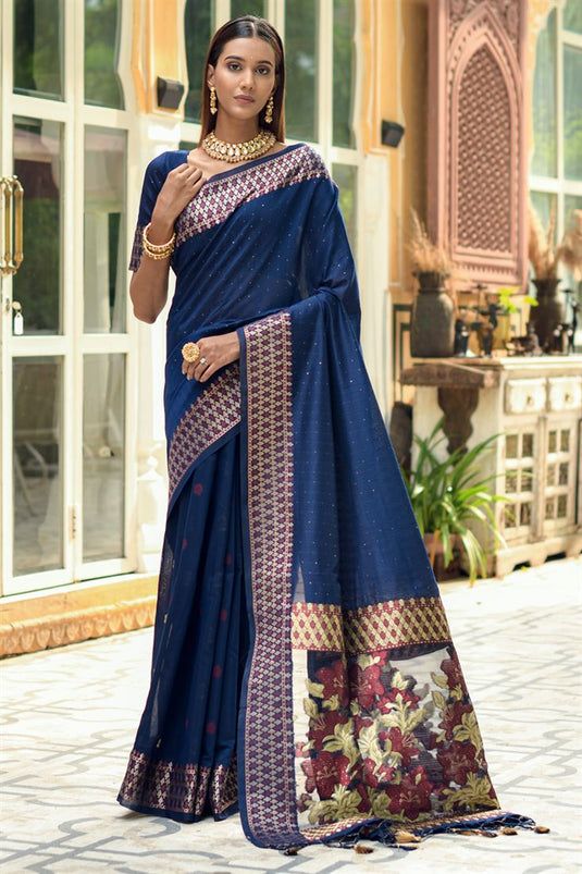 Beguiling Navy Blue Color Casual Look Cotton Silk Saree