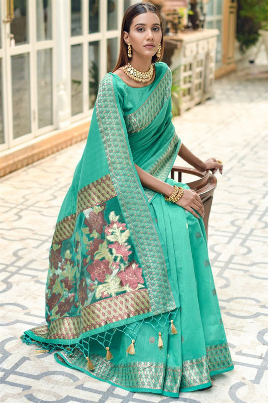 Sea Green Color Tempting Casual Look Cotton Silk Saree