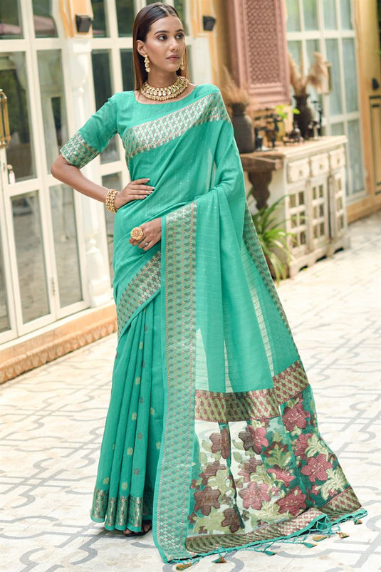 Sea Green Color Tempting Casual Look Cotton Silk Saree