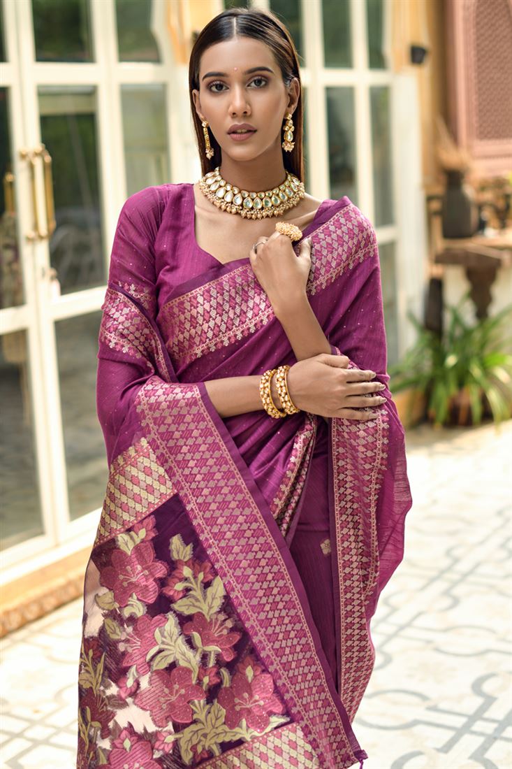 Wine Color Cotton Silk Woven Work Saree