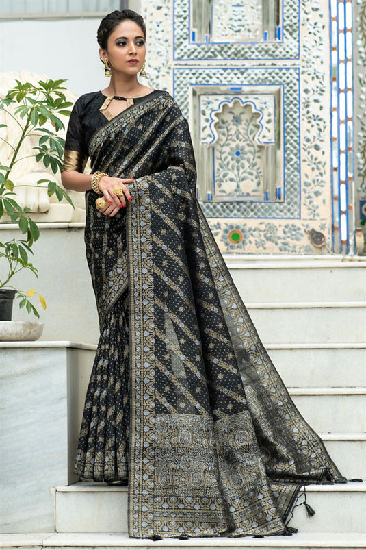 Black Color Beautiful Tussar Silk Function Wear Saree