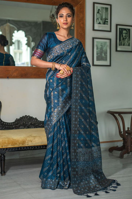 Elegant Tussar Silk Function Wear Saree in Blue Color