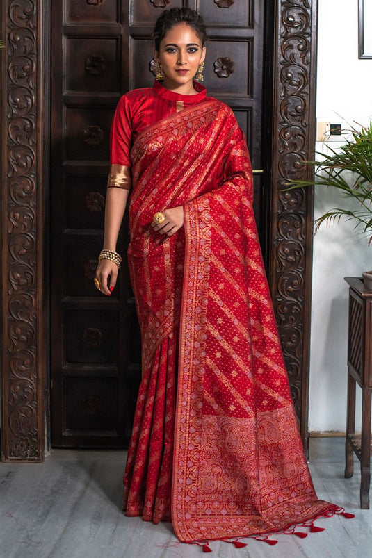 Classic Tussar Silk Function Wear Saree in Red Color