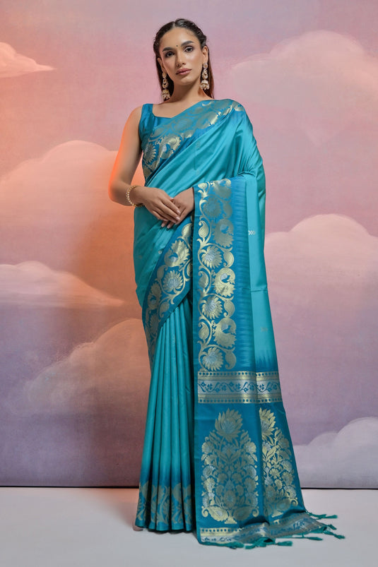 Cyan Color Weaving Work Function Wear Art Silk Fabric Saree