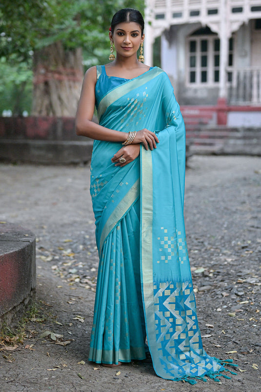 Attractive Cyan Color Weaving Work Art Silk Fabric Designer Saree
