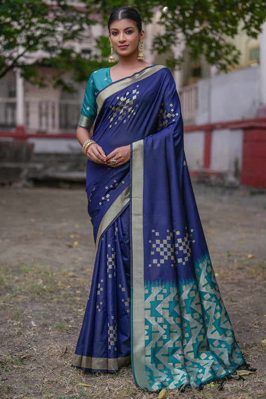 Art Silk Fabric Navy Blue Color Fancy Weaving Work Festive Wear Saree