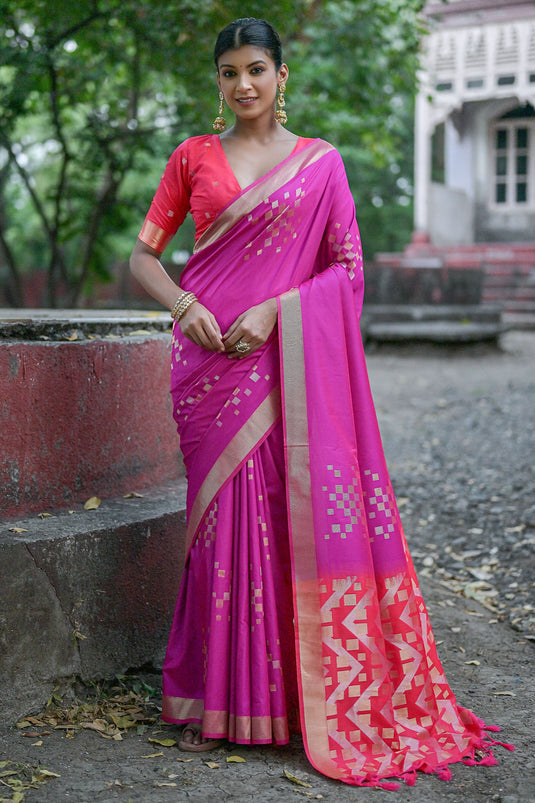 Festive Wear Art Silk Fabric Magenta Color Weaving Work Saree